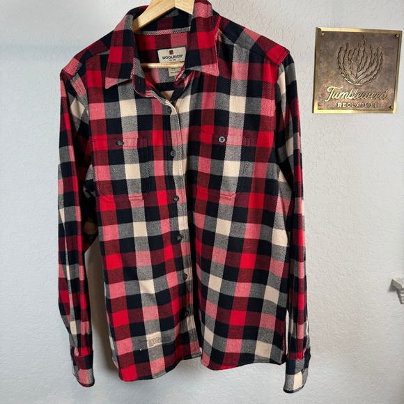 Woolrich Tops - WOOLRICH Womens Red Black Tan Plaid Flannel Shirt Long Sleeve Button Up‎ Size L